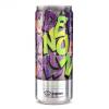 An aluminum beverage can with a green and purple fluorescent graphic treatment applied.